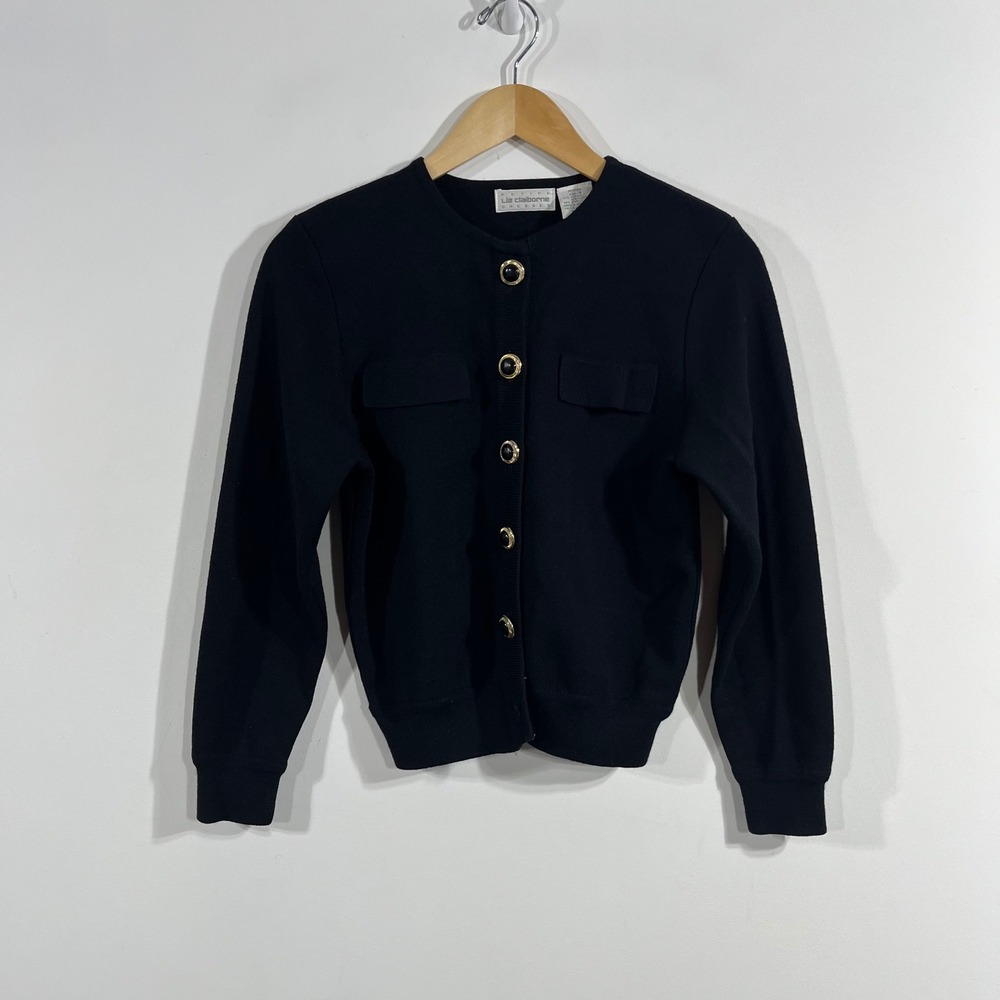 Liz Claiborne Parisian VTG Black Wool Blend Button Front Cardigan Sweater 8P